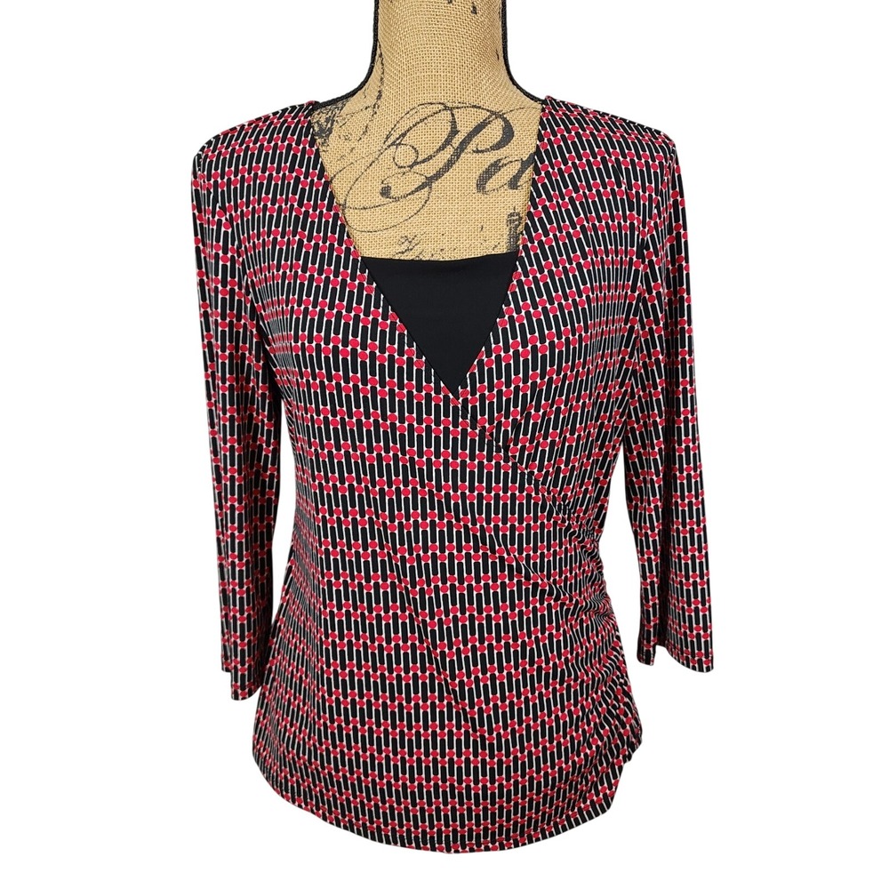 Vintage BRIGGS NEW YORK Size Medium 90s Red & Black Geometric Faux Wrap Blouse